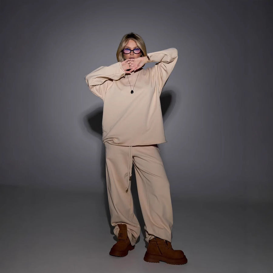 Damen kastiges Sweatstoff-Set mit weichem Rundhalsausschnitt und weiter Kordelbundhose Shop Nory