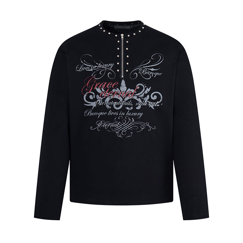 Damen Langarmshirt mit Halb-Reißverschluss, Nietenkragen und Barock-Schriftprint Shop Nory