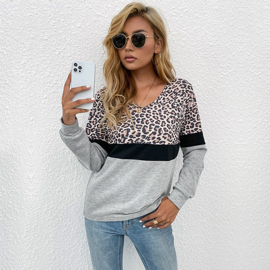 Damen Langarmshirt mit V-Ausschnitt und Leopardenmuster im Colorblock-Design Shop Nory