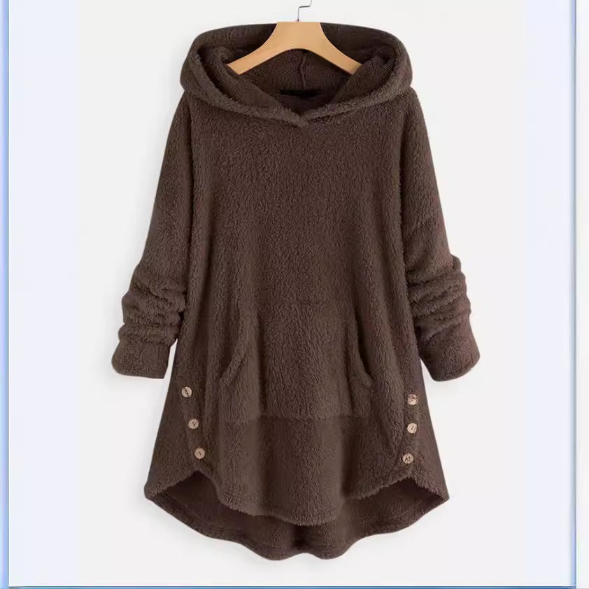 Damen nan kuscheliger Teddy-Kapuzenpullover mit Kängurutasche, Knopfleiste an den Seiten und abgerundetem Saum Shop Nory