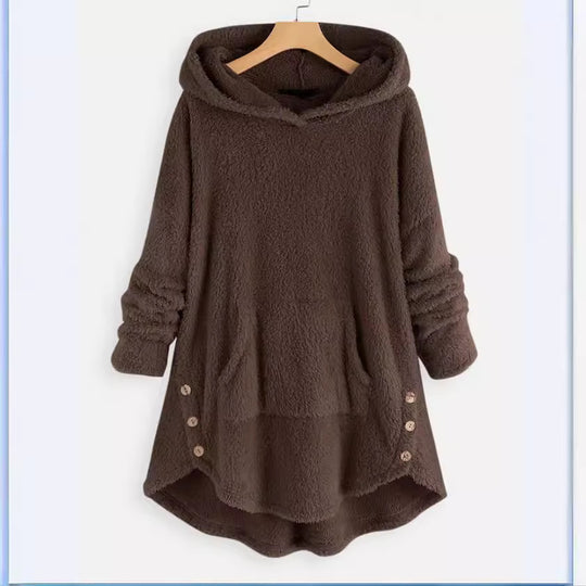 Damen nan kuscheliger Teddy-Kapuzenpullover mit Kängurutasche, Knopfleiste an den Seiten und abgerundetem Saum Shop Nory