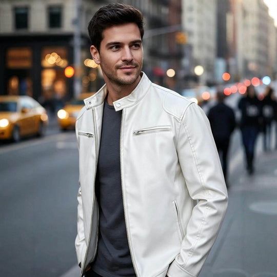 Herren Biker‑Style Kunstlederjacke mit Stehkragen und Reißverschlusstaschen Shop Nory