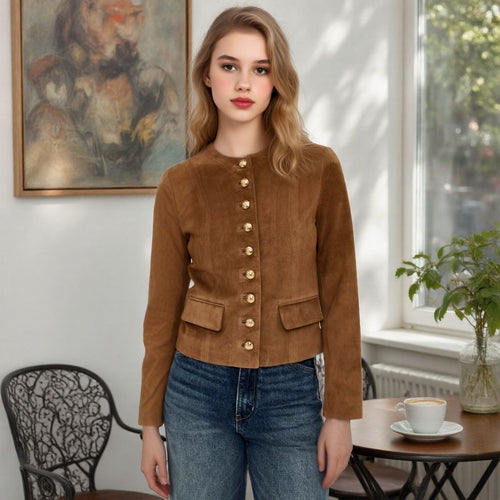 Damen Taillierte Wildlederoptik‑Jacke mit Stehkragen und Zierknopfleiste Shop Nory