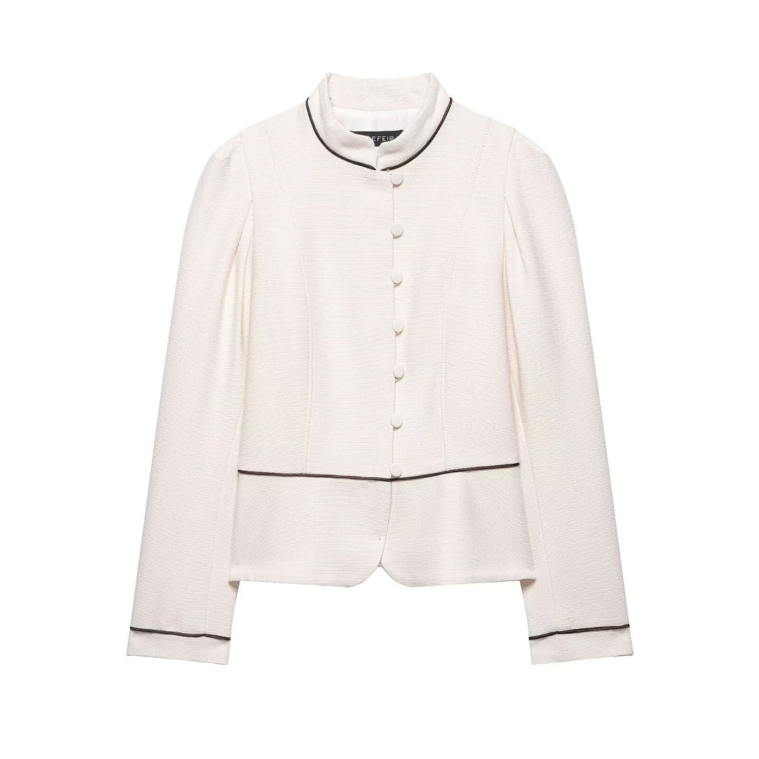 Damen Kurzblazer im Bouclé‑Look mit Stehkragen, dekorativer Paspelierung und bezogenen Knöpfen Shop Nory