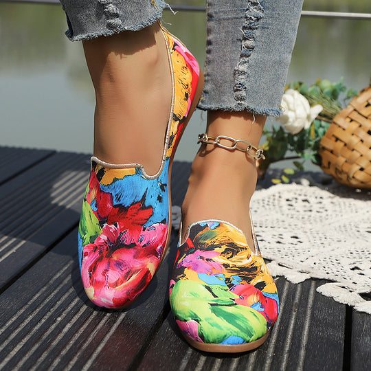 Damen Slip-On Mokassins mit buntem Pflanzenmuster Shopnory