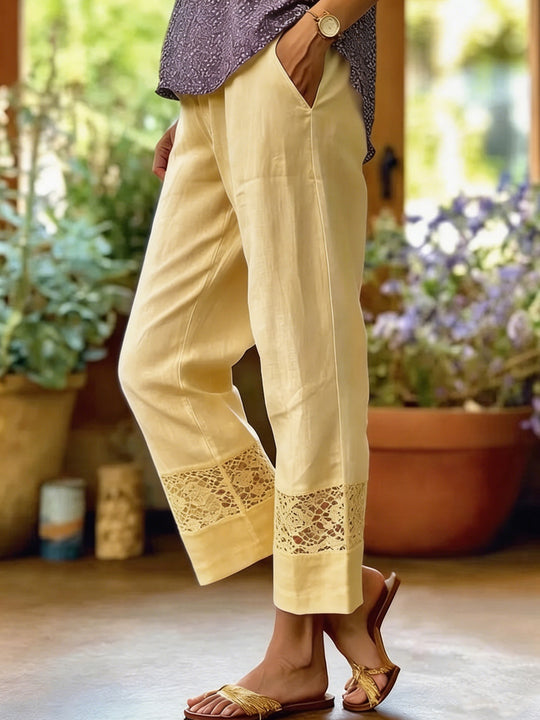 Damen Leinenoptik Culotte-Hose mit Spitzeinsatz am Saum und seitlichen Eingrifftaschen Shop Nory