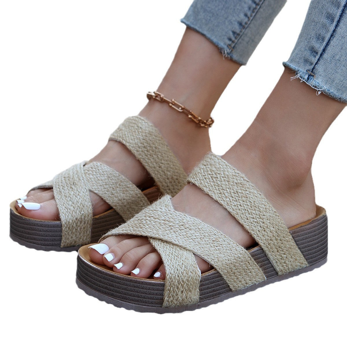 Damen bequeme Plattform-Sandalen mit geflochtenem Riemchendesign und rutschfester Sohle