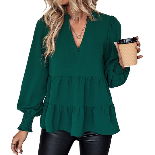 Damen Zweistufige Volant-Bluse mit V-Ausschnitt und gerafften Ärmelbündchen Shop Nory