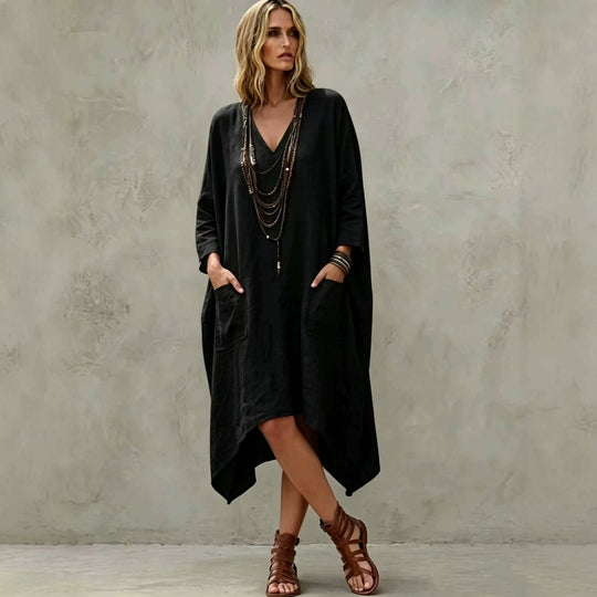Damen nan Oversize Kaftankleid mit V-Ausschnitt, Eingrifftaschen und asymmetrischem Saum Shop Nory