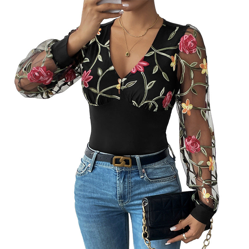 Damen Bestickter Mesh-Body mit V-Ausschnitt, figurformendem Rumpf und transparenten Blumenärmeln Shop Nory