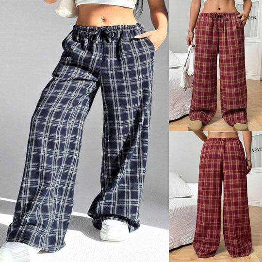 Damen Weite Karohose mit elastischem Bund und praktischen Taschen