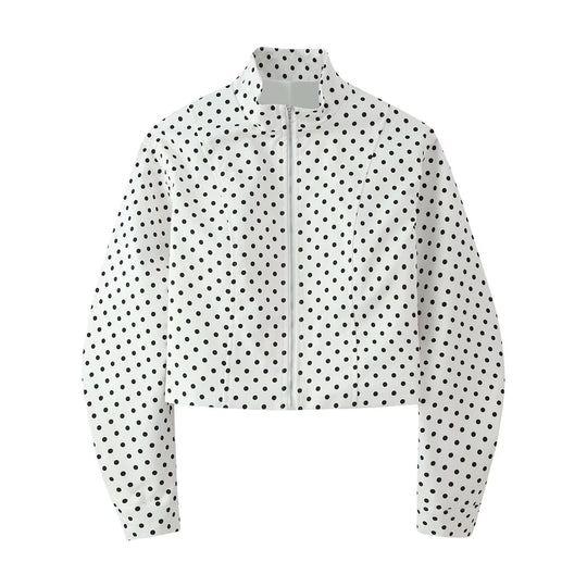 Damen Cropped Blousonjacke im Retro-Punkteprint mit Stehkragen und figurgebenden Teilnähten Shop Nory