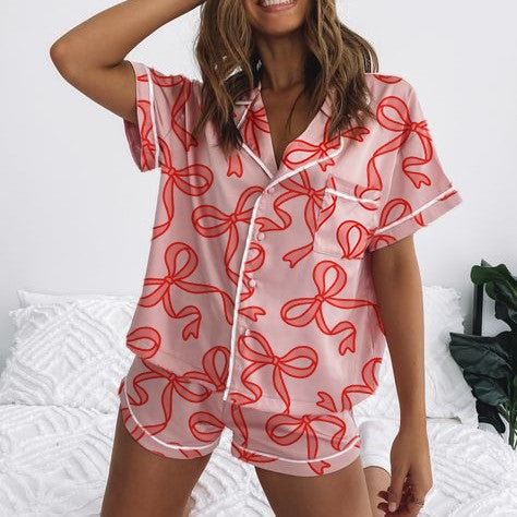 Damen Kurzarm-Pyjama-Set mit verspieltem Schleifenmuster