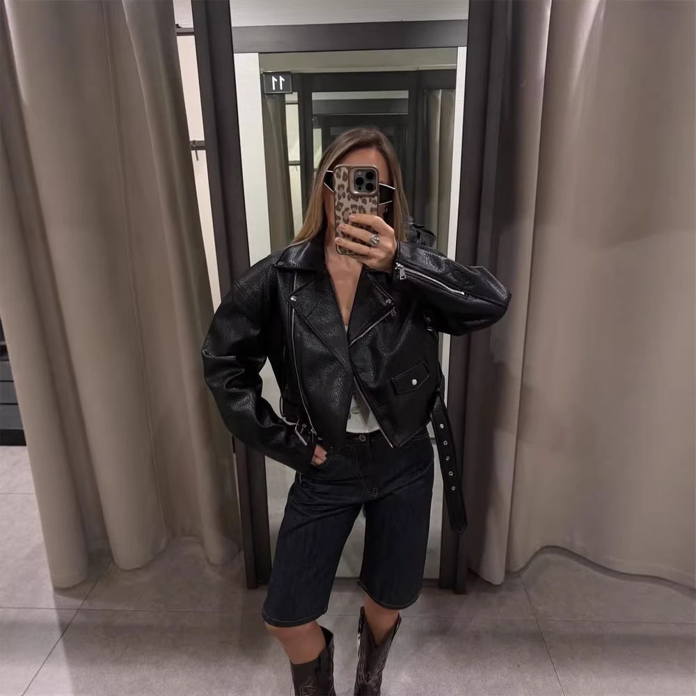 Damen Kurze strukturierte Bikerjacke aus Lederimitat Shop Nory