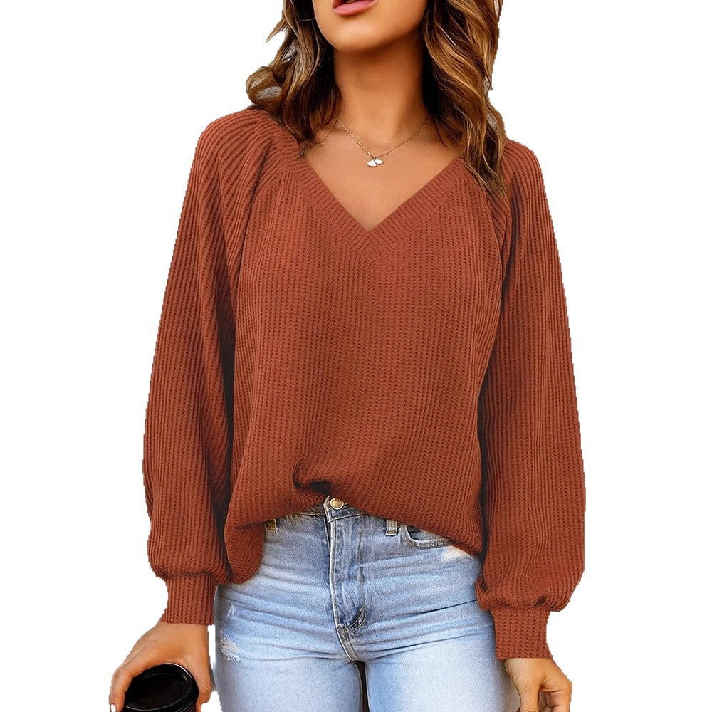 Damen Feinstruktur-Strickpullover mit V-Ausschnitt, Ballonärmeln und Rippbündchen Shop Nory
