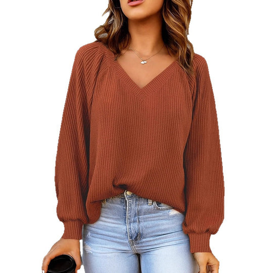 Damen Feinstruktur-Strickpullover mit V-Ausschnitt, Ballonärmeln und Rippbündchen Shop Nory