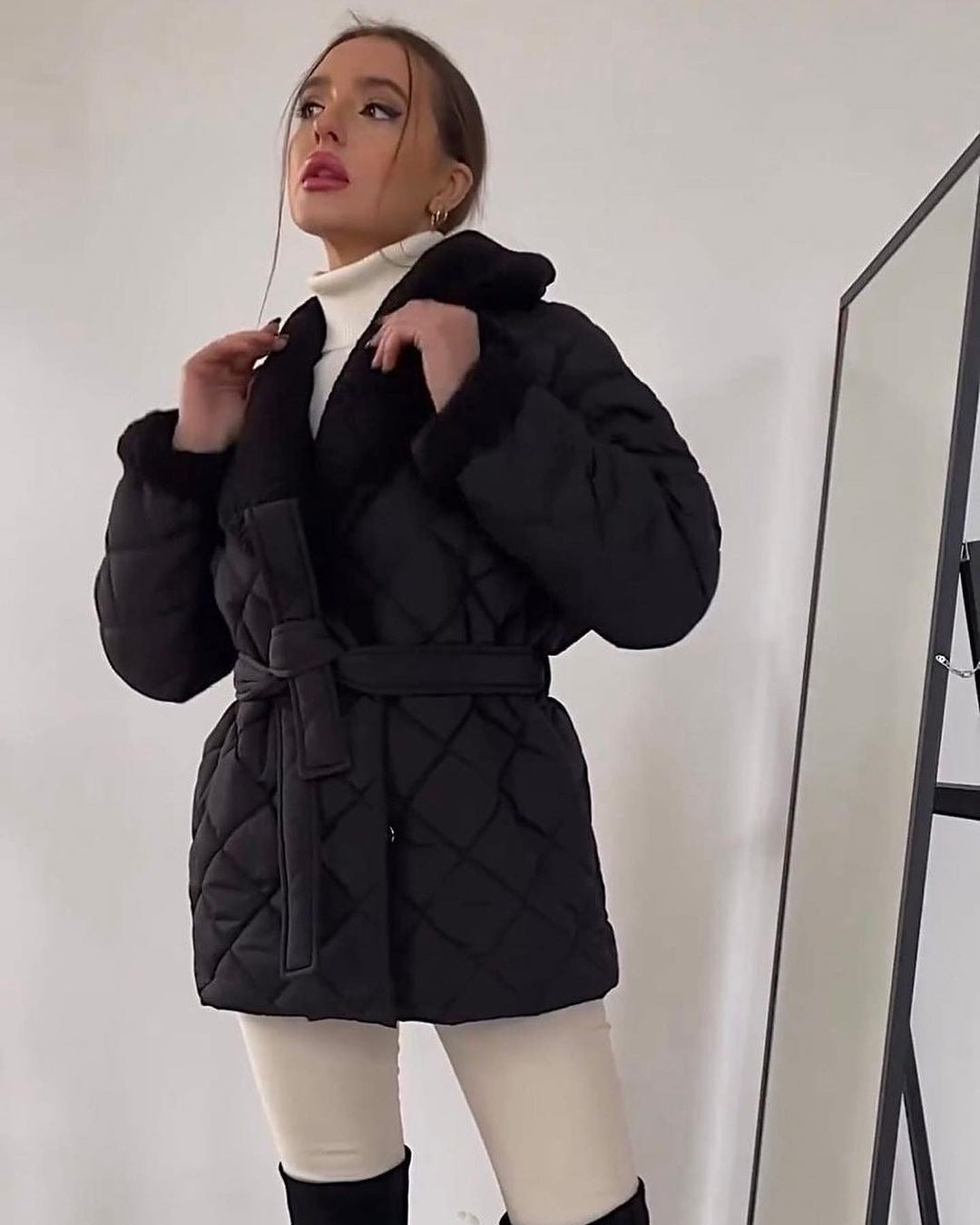 Damen Steppjacke mit Teddy-Futter Taillengürtel und großem Schalkragen Shop Nory