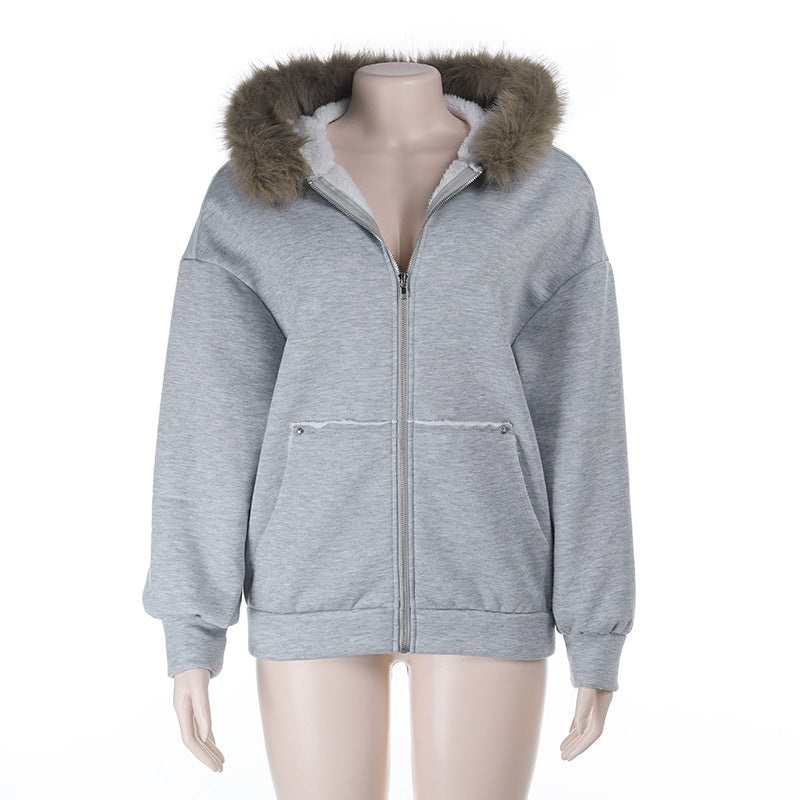 Damen Oversize Teddy-Kapuzenjacke mit Kunstpelzbesatz und Fleece-Futter Shop Nory