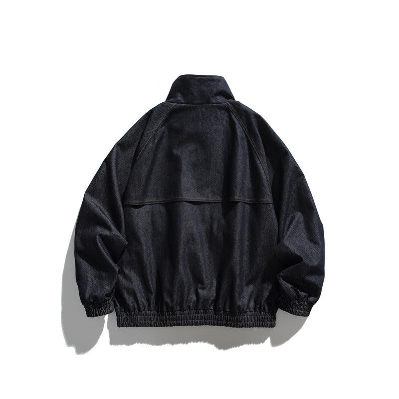 Unisex Boxy Jeansblousonjacke mit Stehkragen, Druckknopffront und elastischem Saum Shop Nory