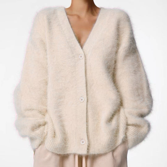 Damen Flauschiger Oversize-Knopfcardigan mit tiefem V-Ausschnitt und Eingrifftaschen Shop Nory