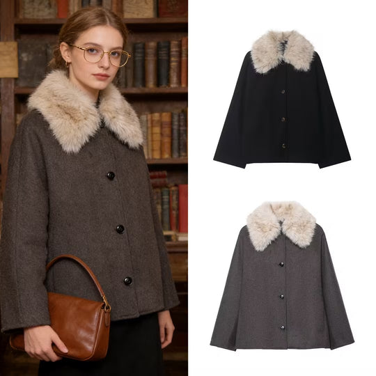 Damen Woll-Cape mit abnehmbarem Kunstfellkragen und verdeckter Knopfleiste Shop Nory