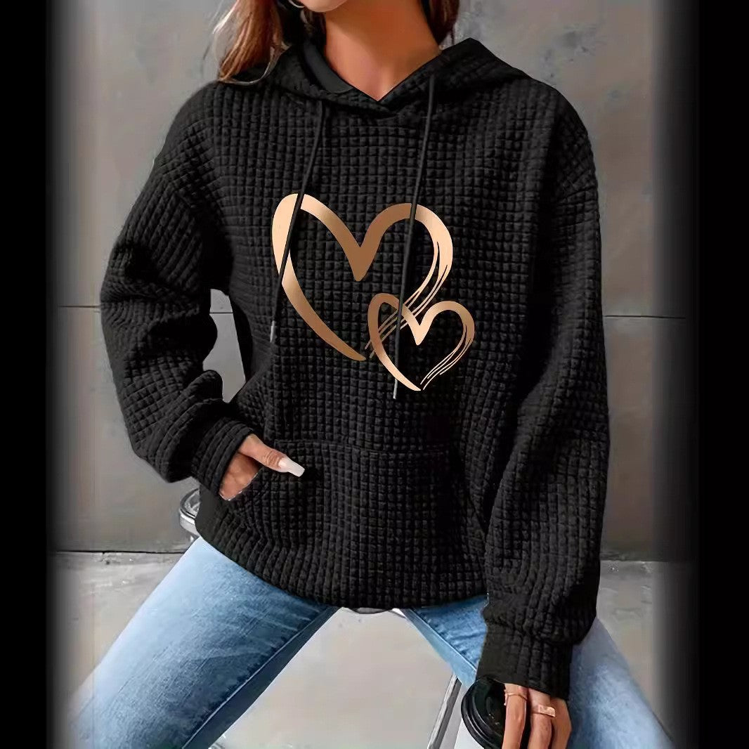Damen Kapuzenpullover mit Waffelstruktur, Kängurutasche und Metallic-Herzprint Shop Nory