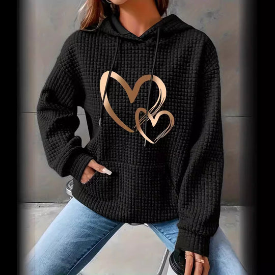 Damen Kapuzenpullover mit Waffelstruktur, Kängurutasche und Metallic-Herzprint Shop Nory