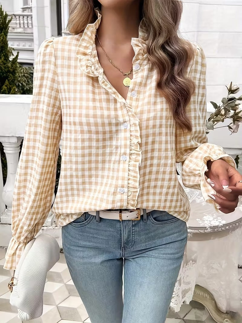 Damen karierte Rüschenbluse mit Volantkragen und langen Manschetten Shop Nory