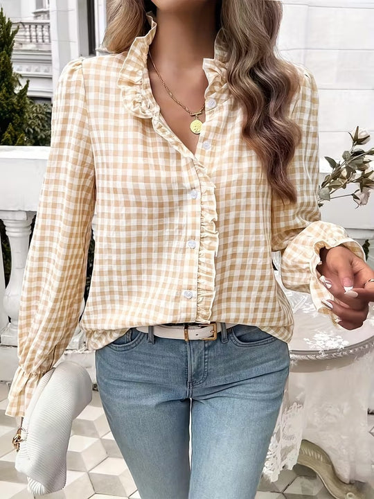 Damen karierte Rüschenbluse mit Volantkragen und langen Manschetten Shop Nory