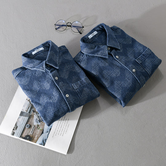 Herren Indigo-Struktur-Overshirt aus gewaschenem Denim mit Zickzack-Jacquard, Kentkragen und Brusttasche Shop Nory
