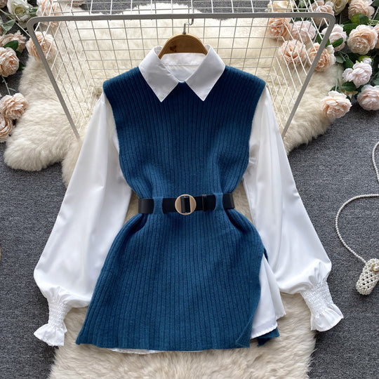 Damen Lagenlook-Bluse mit Rippstrick-Überwurf und Taillengürtel Shop Nory