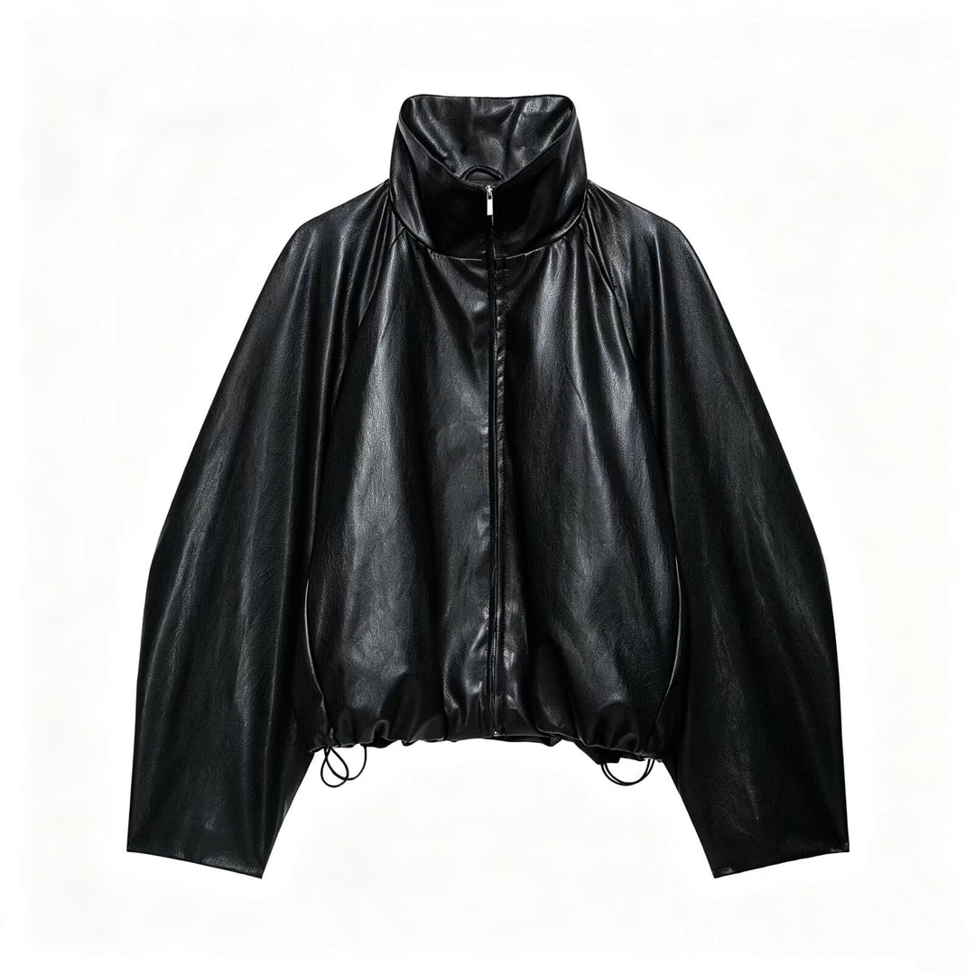 Damen Oversize Jacke im Lederlook mit hohem Funnelkragen, Raglanärmeln und Tunnelzugsaum Shop Nory