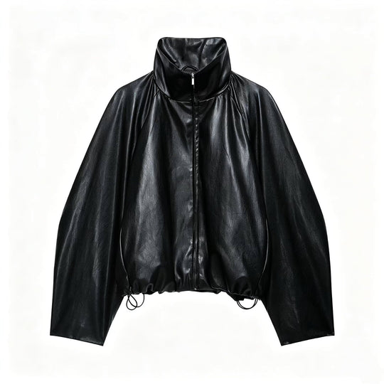 Damen Oversize Jacke im Lederlook mit hohem Funnelkragen, Raglanärmeln und Tunnelzugsaum Shop Nory