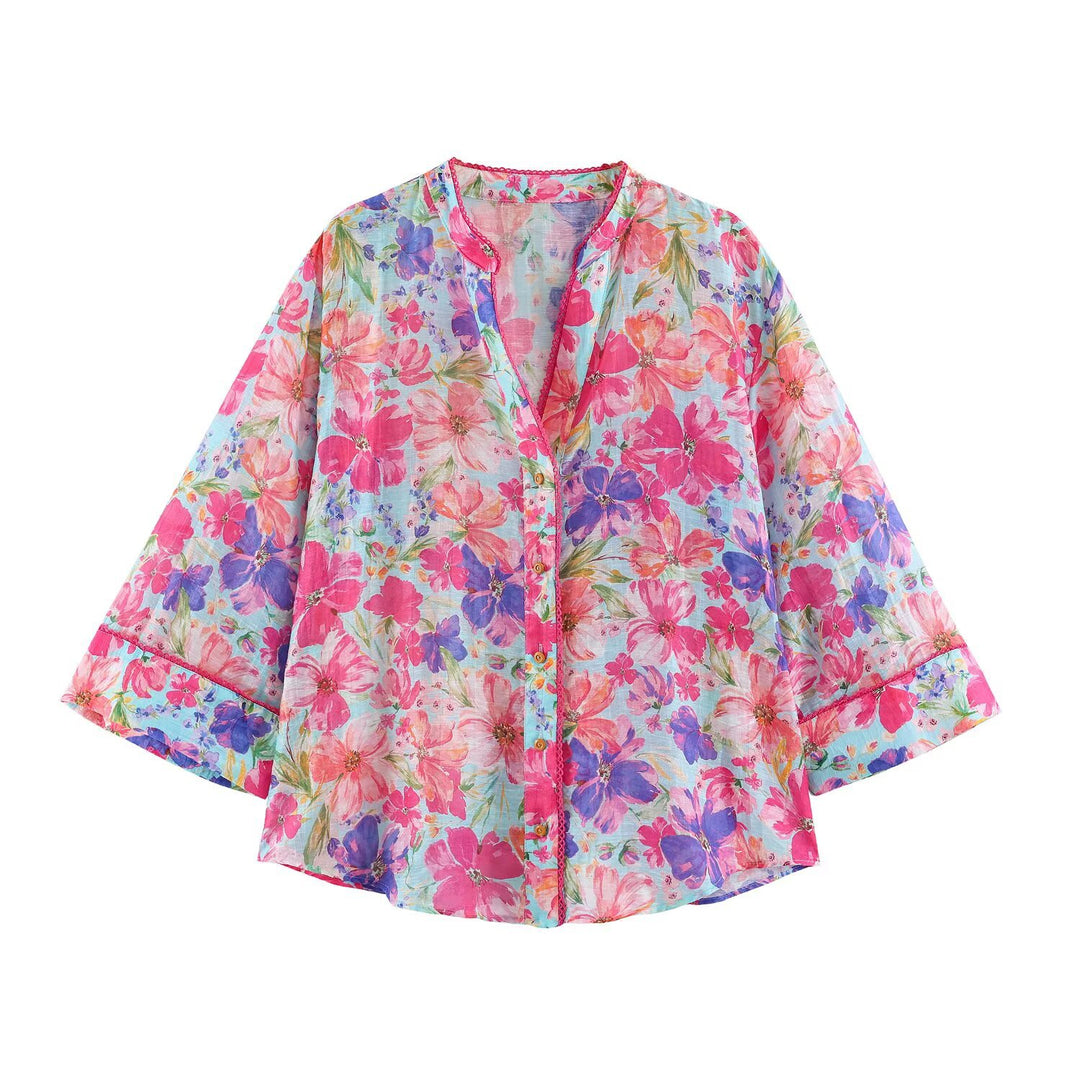 Damen Leichte Bluse im Aquarell-Floralmuster mit Stehkragen und dreiviertelärmeln Shop Nory
