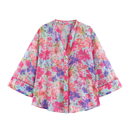 Damen Leichte Bluse im Aquarell-Floralmuster mit Stehkragen und dreiviertelärmeln Shop Nory