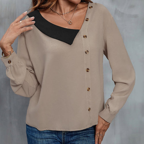Damen Asymmetrische Hemdbluse mit kontrastiertem Kragen und dekorativer Knopfleiste Shop Nory