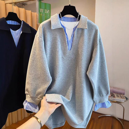 Damen Oversized Sweatshirt mit Hemdkragen-Optik und gestreiften Manschetten Shop Nory