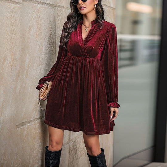 Damen Samt-Minikleid mit Wickeloberteil, Empire-Taille und Rüschenmanschetten Shop Nory