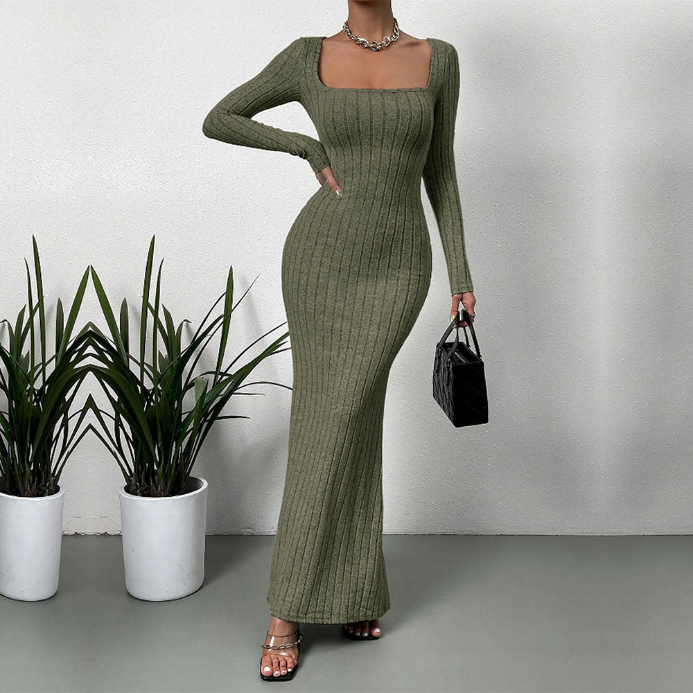 Damen geripptes Sculpting-Maxikleid mit Quadratausschnitt und taillierter Meerjungfrauen‑Silhouette Shop Nory