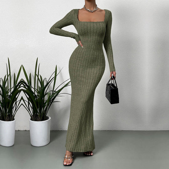 Damen geripptes Sculpting-Maxikleid mit Quadratausschnitt und taillierter Meerjungfrauen‑Silhouette Shop Nory