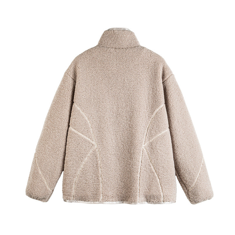 Unisex Teddy-Fleece-Blousonjacke mit Stehkragen und geometrischer Nahtführung Shop Nory