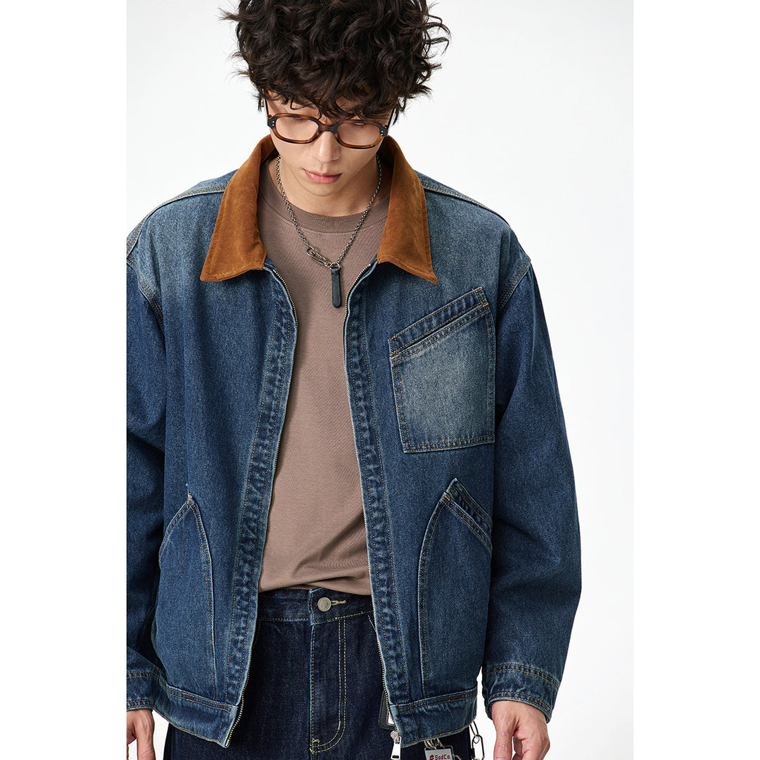 Herren Relaxed-Denimjacke mit Kontrast-Cordkragen und schräger Brusttasche Shop Nory