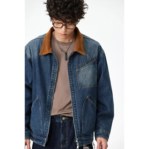 Herren Relaxed-Denimjacke mit Kontrast-Cordkragen und schräger Brusttasche Shop Nory