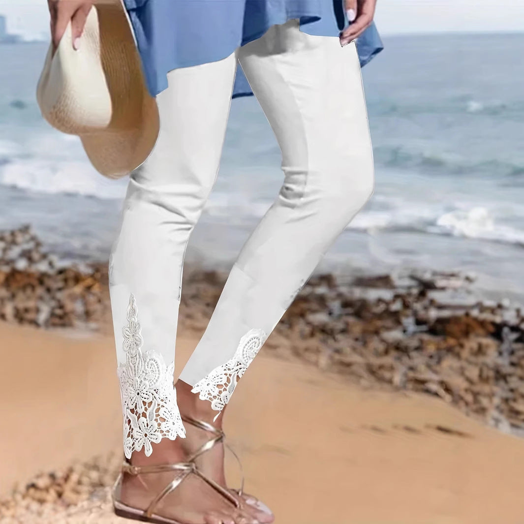 Damen Leggings mit spitzenbesetztem Saum und elastischem Bund