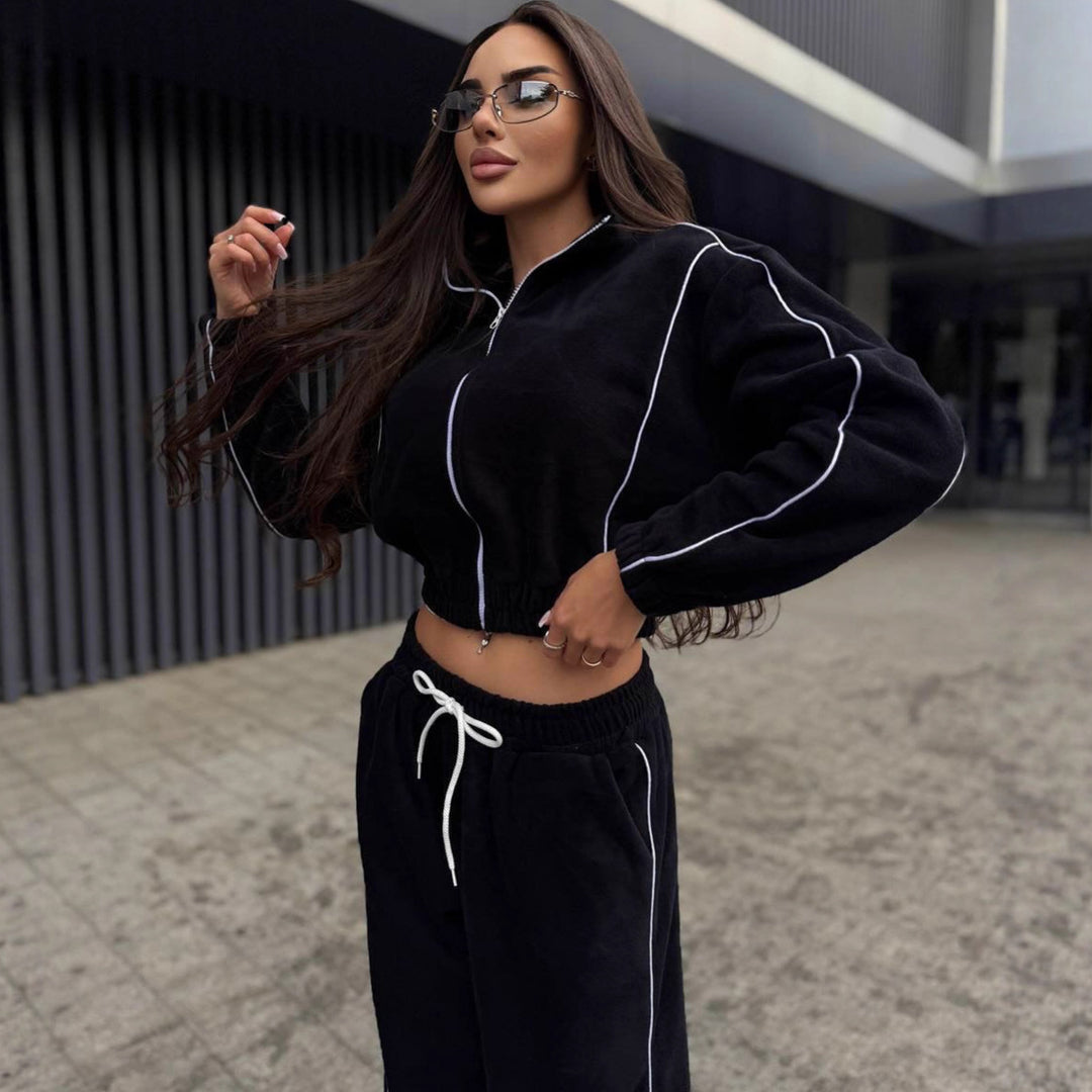 Damen Gekürztes Zip-Fleece-Set mit tailliertem Kordelbund und weitem Hosenbein Shop Nory