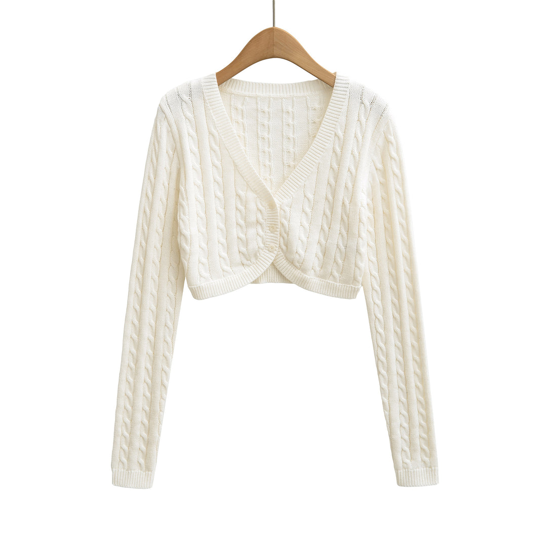 Damen Kurzgeschnittener Zopfstrick-Cardigan mit V‑Ausschnitt und Knopfleiste Shop Nory