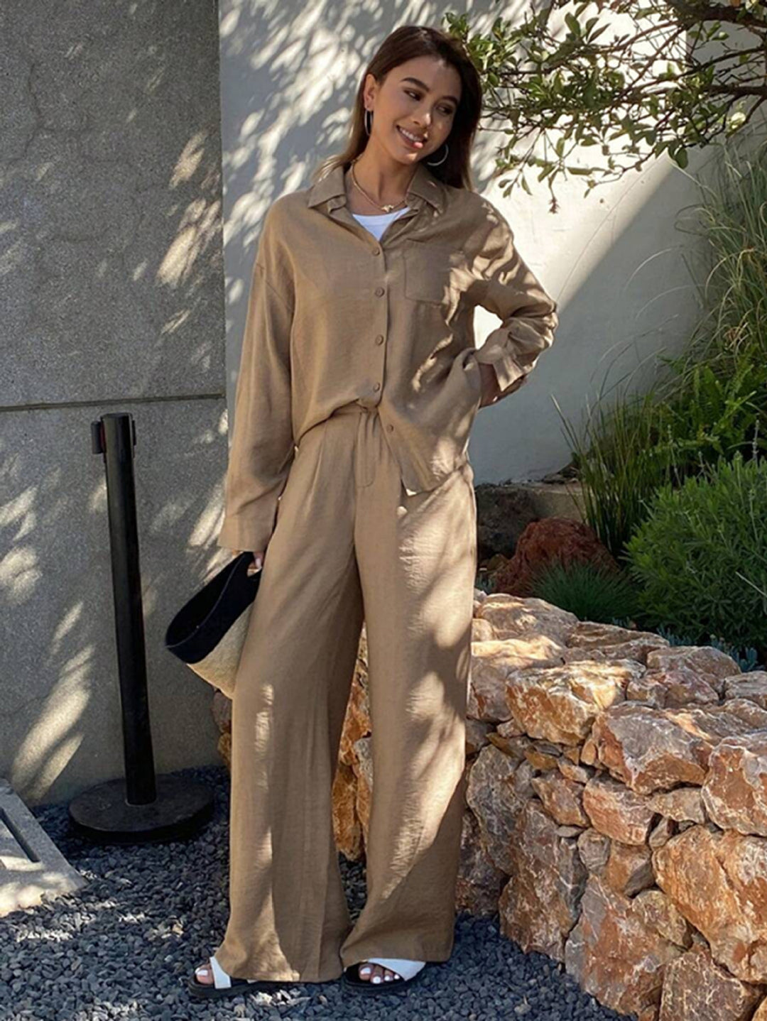 Damen entspanntes Leinen Lounge Set mit Oversize Hemd und Kordelbund Palazzohose Shop Nory