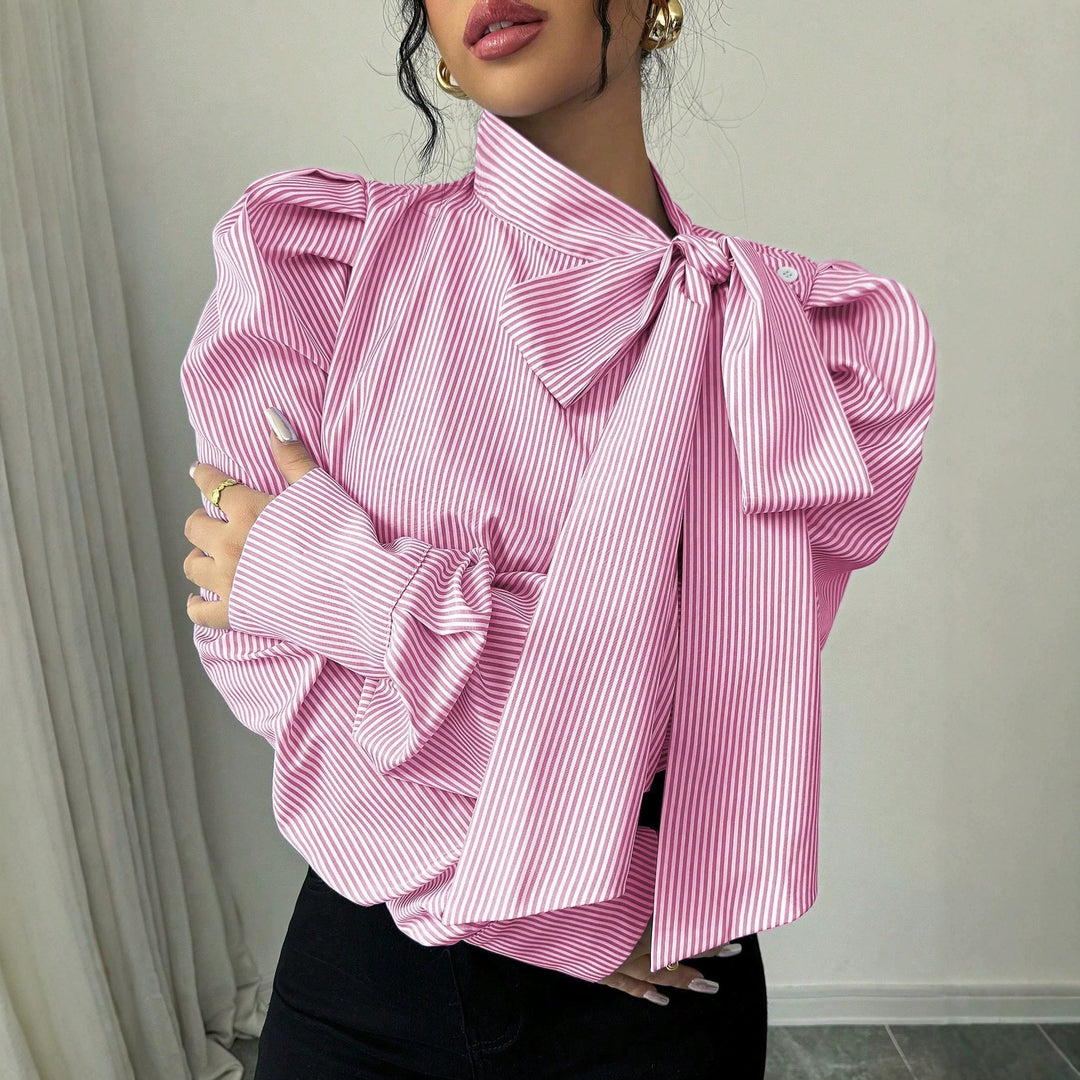 Damen Popeline-Bluse mit Stehkragen, großem Schleifenband und Ballonärmeln Shop Nory