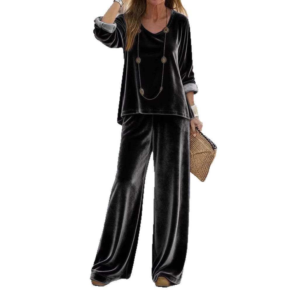 Damen Elegantes Samt-Zweiteiler Lounge-Set mit V-Ausschnitt und weitem Bein Shop Nory