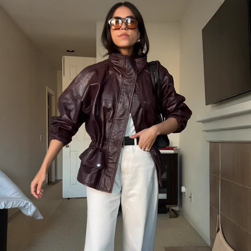 Damen Oversize Lederimitat-Blouson mit hohem Stehkragen und Taillenzug Shop Nory